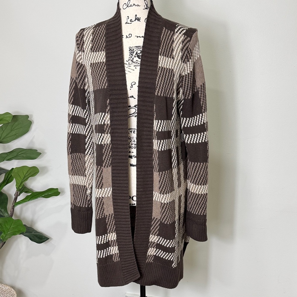 EIGHT EIGHT EIGHT Brown and Cream Plaid Houndstooth Open Front Cotton Cardigan M